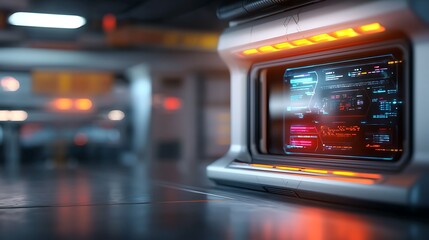 Futuristic storage room with glowing shelves and holographic display panels showcasing advanced technology and digital information systems in a modern minimalist and high tech environment