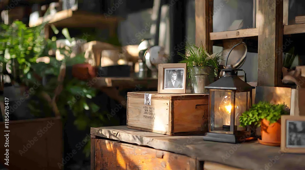 Poster vintage basement storage with rustic crates lanterns and decor elements cozy and nostalgic atmospher