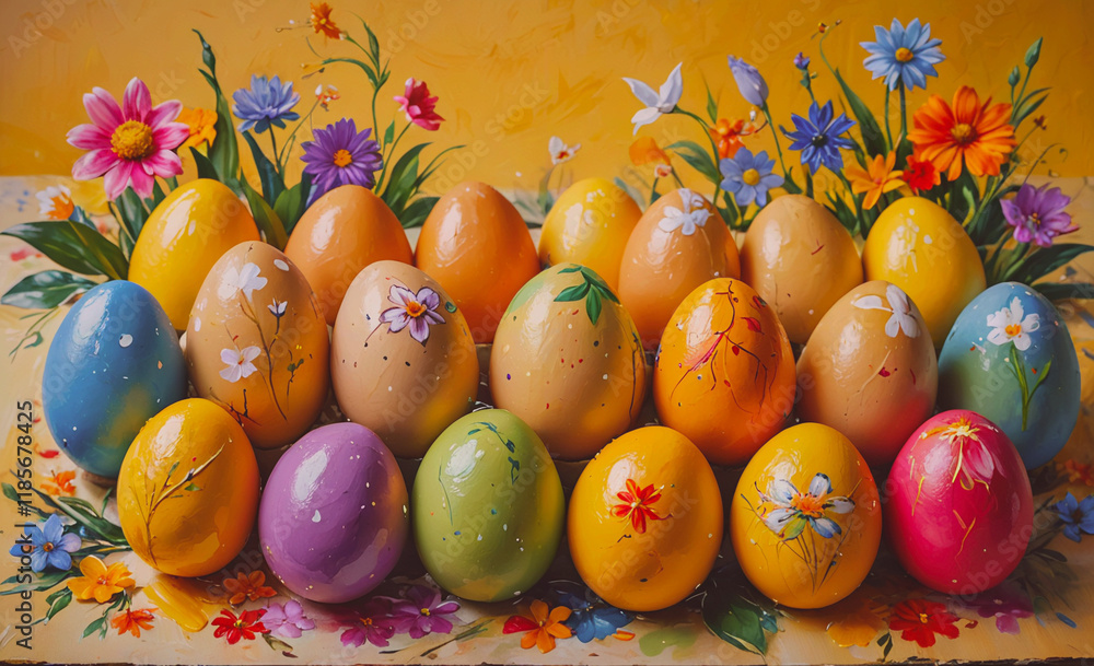 Poster bunch of painted eggs with flowers on them. there are many different colors and designs. some of the