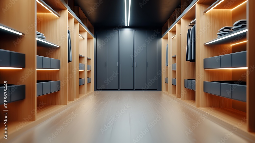 Poster compact and efficient walk in storage closet with custom racks and shelves arranged in a minimalist 