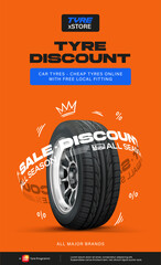 Tyre Discount Poster. Tire Sale out Banner Template. Tyre Shop, Spare Parts and Auto Service promotion.