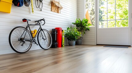 Organized and efficient garage storage solution with wall mounted shelves racks and hooks for storing camping gear outdoor equipment and workshop tools