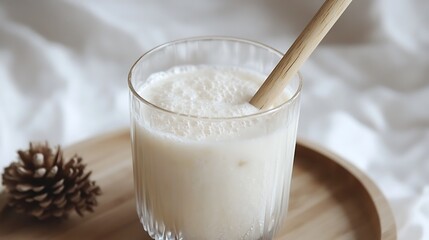 A frothy milkshake with a wide wooden straw inserted into the glass
