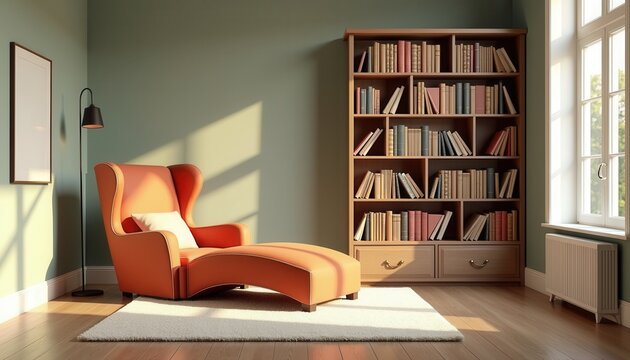 A 3D-rendered stock photo of a tranquil reading space with a chaise lounge, bookshelves, and natural light.