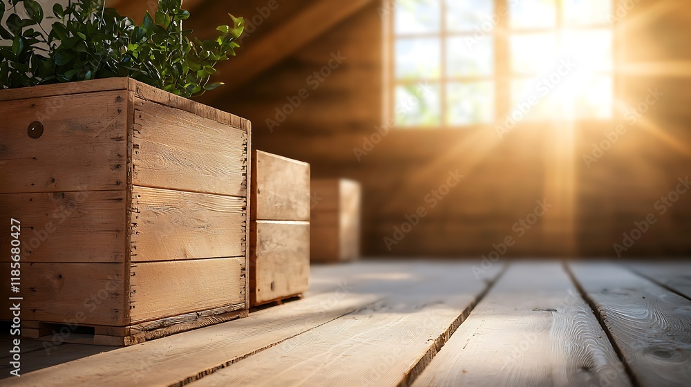Poster vintage wooden storage crates and trunks arranged in a cozy attic space bathed in warm sunlight beam
