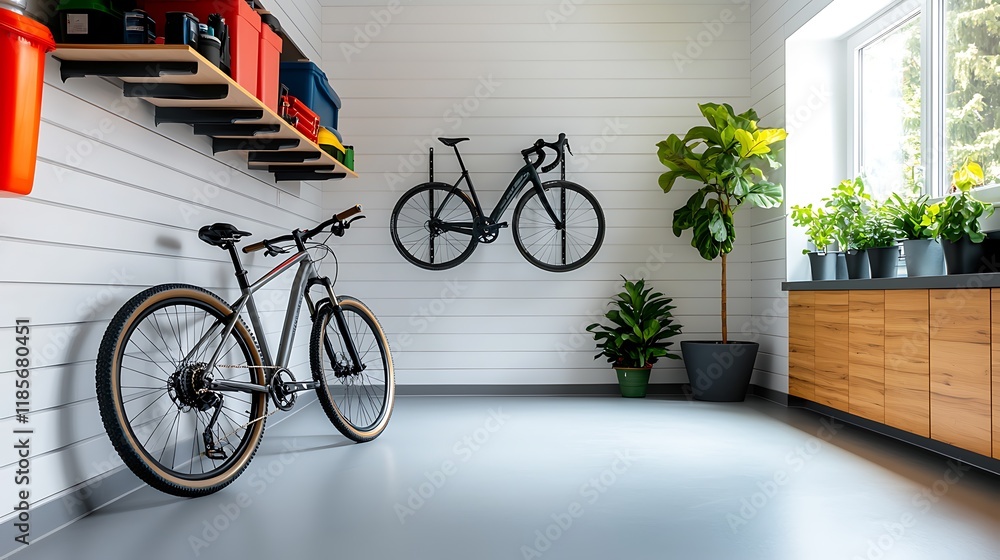 Poster neat and tidy garage storage room with wall mounted racks and shelves for neatly organizing tools bi