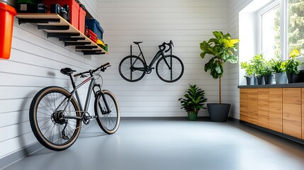 Neat and tidy garage storage room with wall mounted racks and shelves for neatly organizing tools bicycles and other hobby equipment