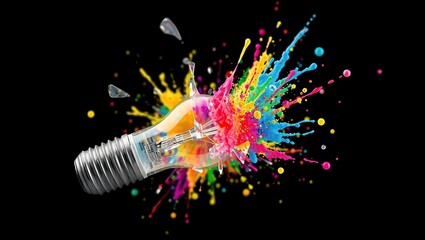 Colorful paint explodes from a lightbulb showcasing creativity