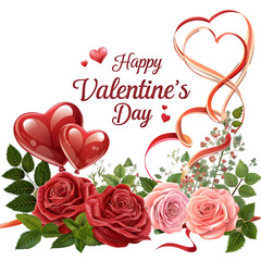 Happy Valentine's Day poster with 3D hearts, roses and ribbons  isolated on white background.PNG transparent
