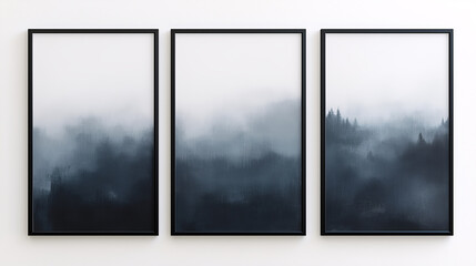 three canvases of vertical black frame, grey solid background