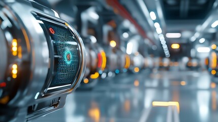 Futuristic high tech warehouse interior with holographic storage and data monitoring systems  Automated inventory control and surveillance in a modern innovative commercial facility