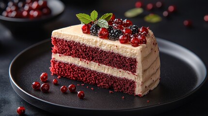 Decadent Red Velvet Cake with Creamy Frosting and Fresh Berries
