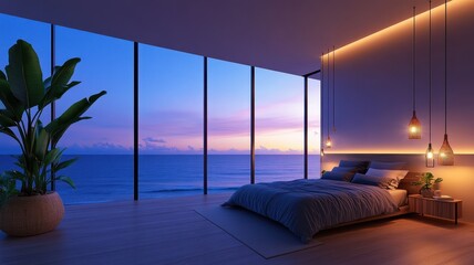 Tranquil bedroom with breathtaking ocean sunset views, offering a perfect escape for relaxation and peace.