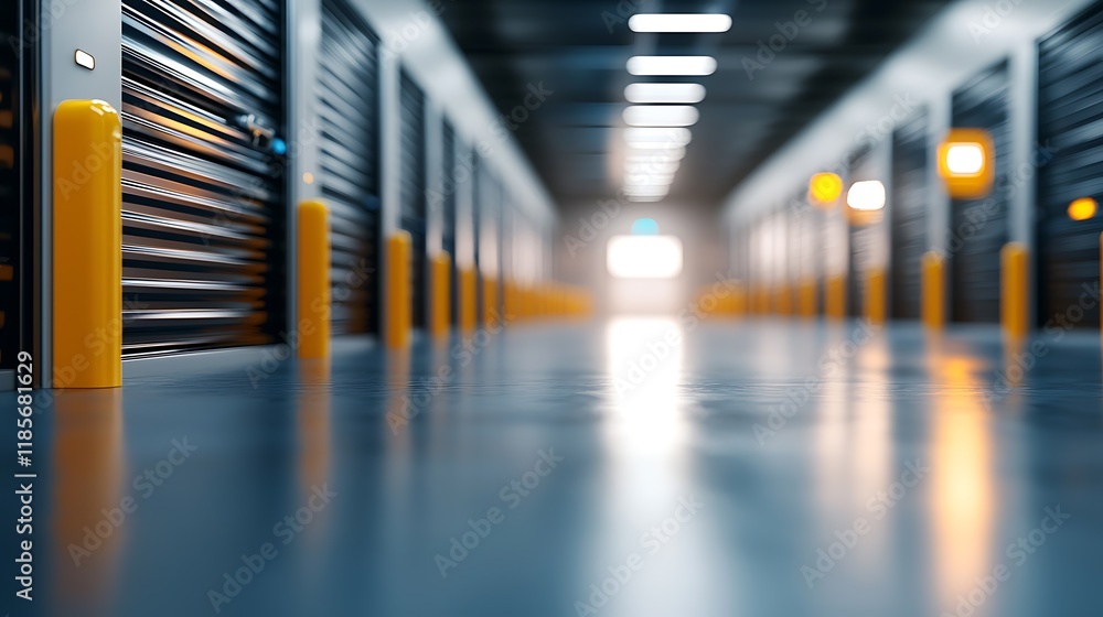 Poster futuristic interior of a high tech storage room featuring an advanced automated inventory tracking s