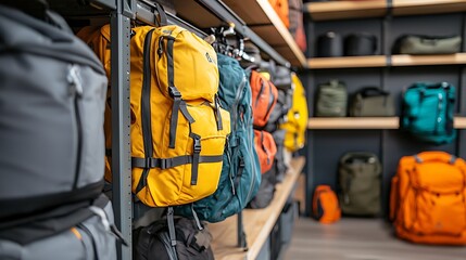 An organized storage room featuring metal shelving units and hanging racks displaying a variety of outdoor gear and equipment such as backpacks camping supplies and other travel accessories