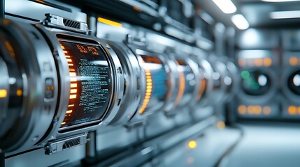 Futuristic high tech storage facility featuring a holographic inventory display system for advanced data management and automation  The image showcases a modern