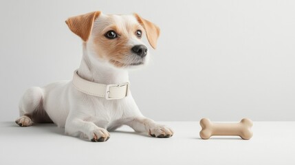 Playful dog with bone on white surface indoor setting photography studio environment close-up adorable companion
