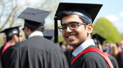 Group of male college students celebrate graduation outdoors under a blue sky, smiling proudly while wearing black gowns and caps
