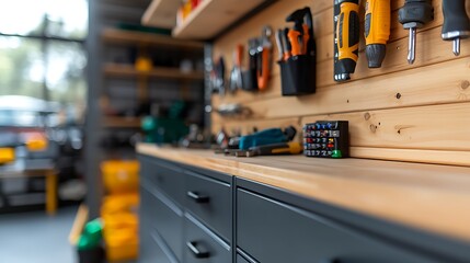 A well organized workshop space with a workbench shelves and labeled drawers for efficient storage and easy access to a variety of tools and equipment