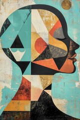 Fototapeta premium Abstract art portrait featuring geometric shapes and colors, symbolizing creativity, identity, and diversity in modern artistic expression and design.