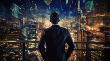 Businessman stands on a balcony, admiring a high-tech cityscape illuminated by neon lights and dynamic data holograms at night. International Day of Innovation and Creativity. World Cities Day. 