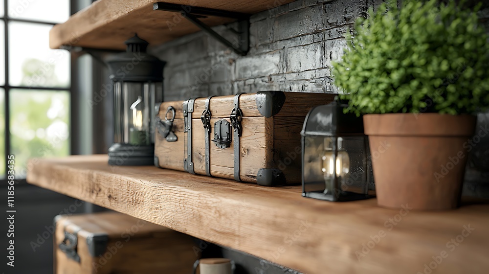Poster Rustic vintage wooden shelving unit featuring a curated display of various storage pieces and natural accent items creating a cozy and visually appealing atmosphere in a rustic