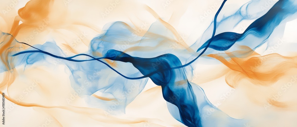 Poster abstract background with flowing waves in blue and orange tones, creating a serene and modern artist