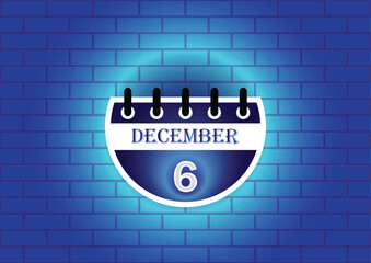 A stylized calendar page displaying December 6th.  The design features a dark blue and white color scheme, set against a textured blue brick wall. Ideal for reminders or event planning.