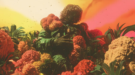 Surreal Person Holding Flowers Amidst Lush Tropical Plants, Sunset Sky.