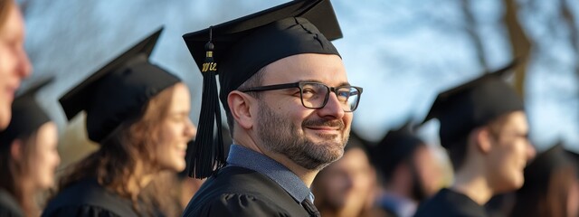 Fototapeta premium Students celebrating graduation in black gowns and caps under a clear blue sky at a formal ceremony event