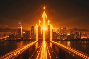 Obraz premium Cityscape at Night with Ascending Arrows Illuminating Progress
