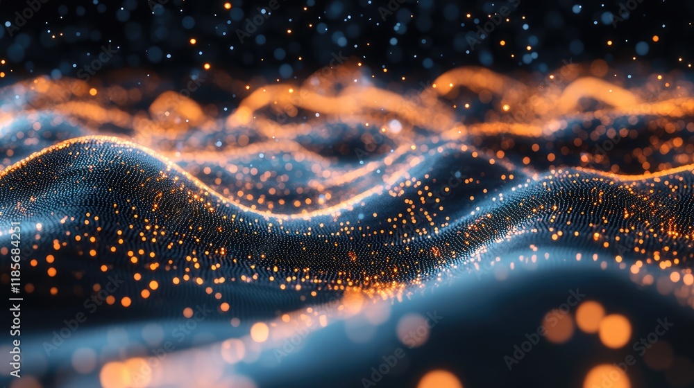 Poster abstract light trails forming a dynamic wave pattern on a black background, showcasing innovation an