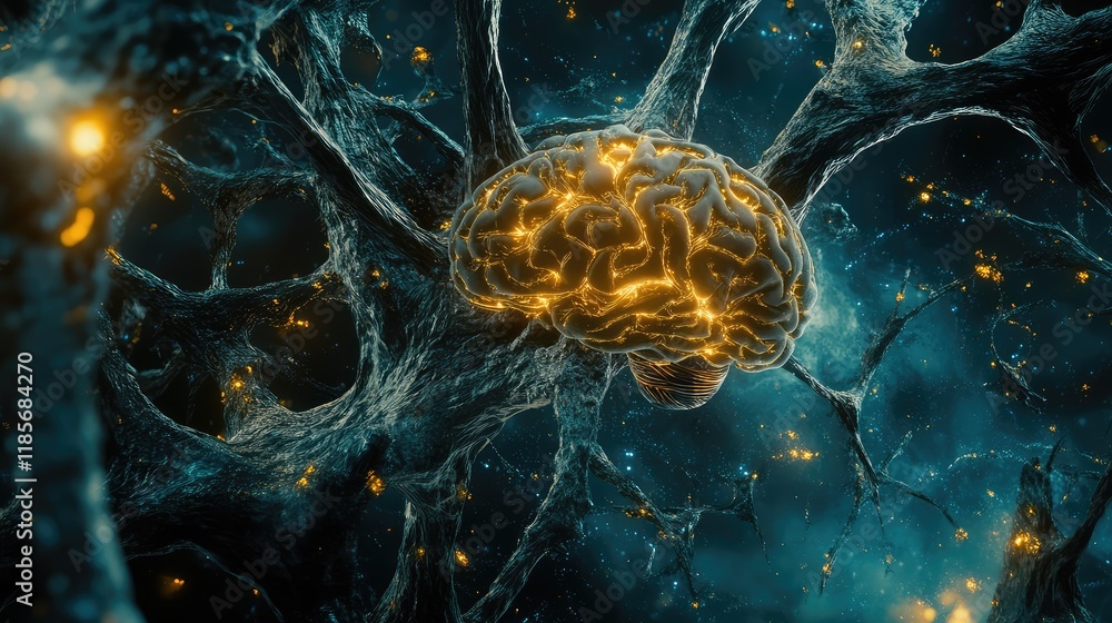 Poster abstract representation of a digital brain with glowing neural pathways on a dark blue background, p