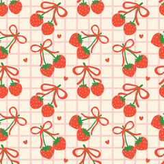 Retro Coquette Strawberry Bow Playful Seamless Pattern isolated on background