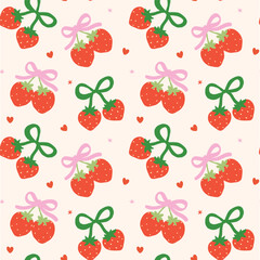 Retro Coquette Strawberry Bow Seamless Pattern isolated on background