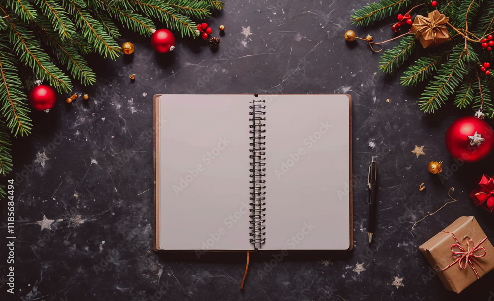 Fototapete Notebook is open on a table with a pen and a box of red balls. The notebook is empty