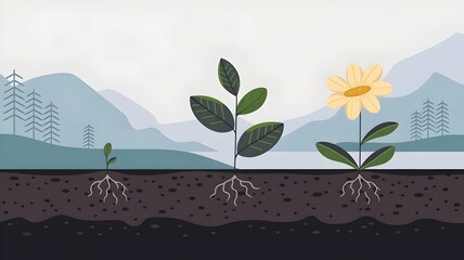 An  illustrated image of a plant life cycle. There's a tiny sprout emerging from the soil, a plant with several leaves and a developed stem, and a flowering plant with a yellow flower. 