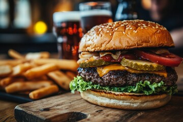 Hungry man eats burger while gathering with friends in pub. Generative AI