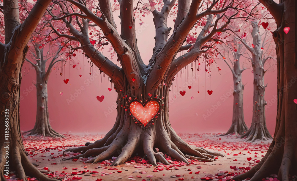 Poster tree with a heart carved into it. the heart is surrounded by many red hearts. the tree is in a fores