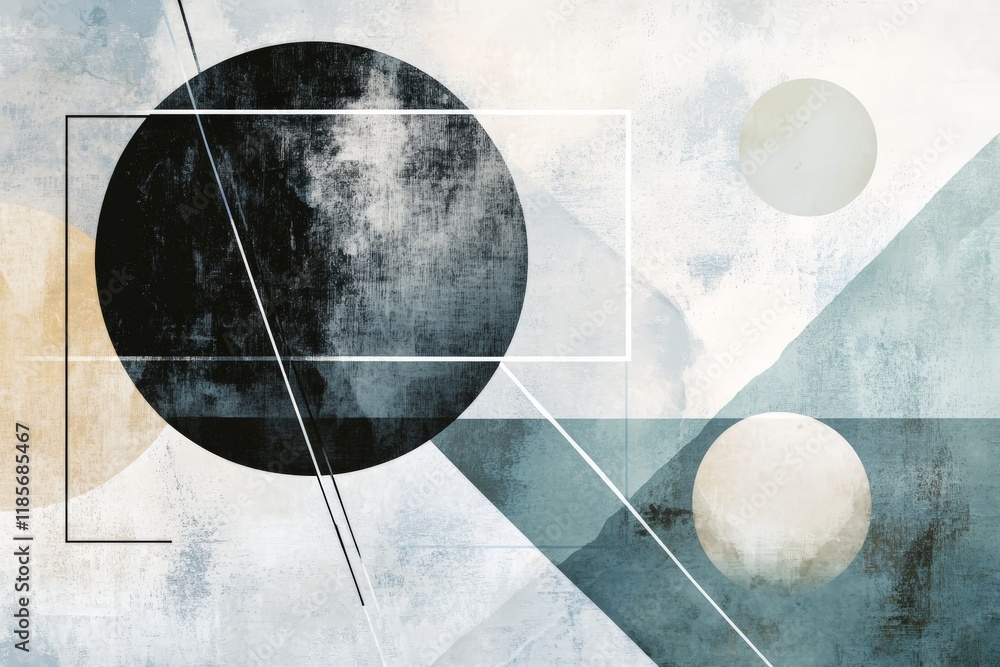 Poster abstract geometric shapes in muted tones, featuring circles and rectangles on a textured background.