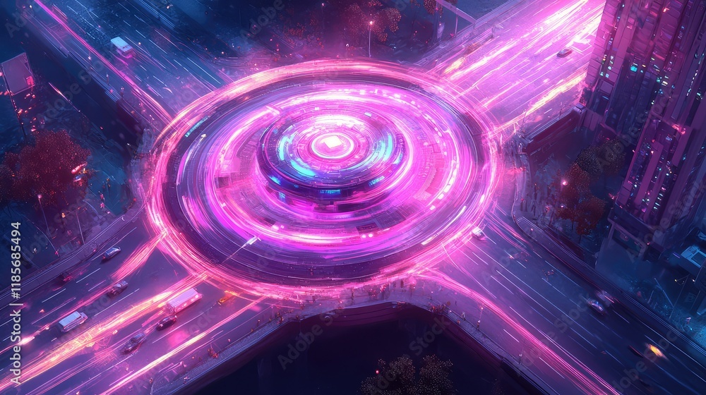 Poster a conceptual aerial view of a smart transportation hub glowing with holographic elements, placed on 