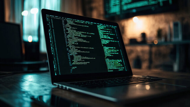 A hacker’s laptop screen shows malicious code infiltrating a corporate network. Background: a dimly lit server room with red warning lights flashing, symbolizing a major cybersecurity breach.
