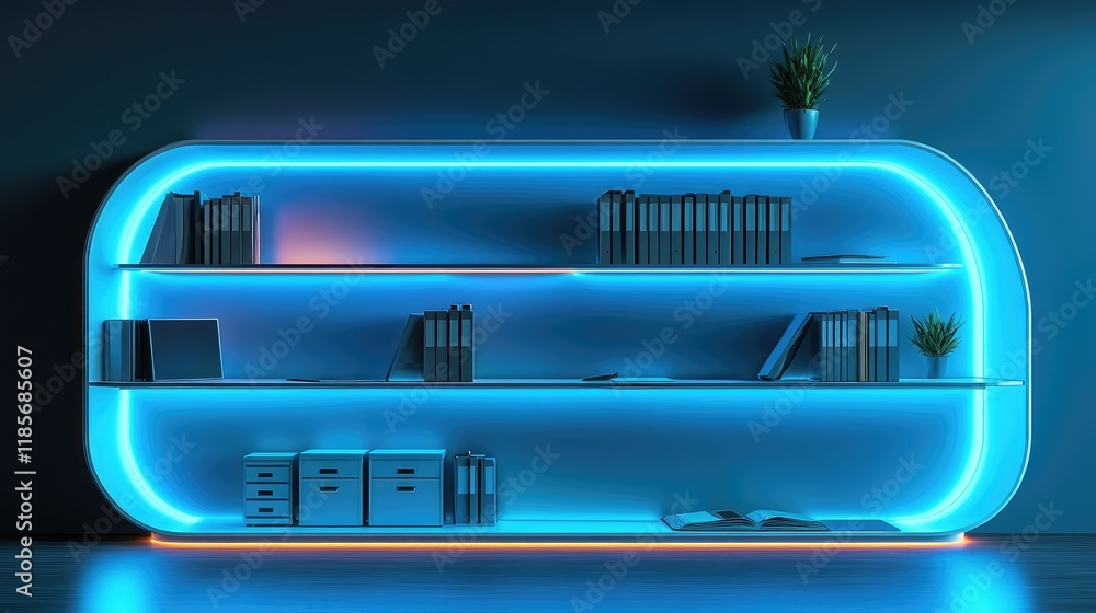 Poster a conceptual image of a futuristic office shelf with glowing touch-enabled smart storage solutions, 