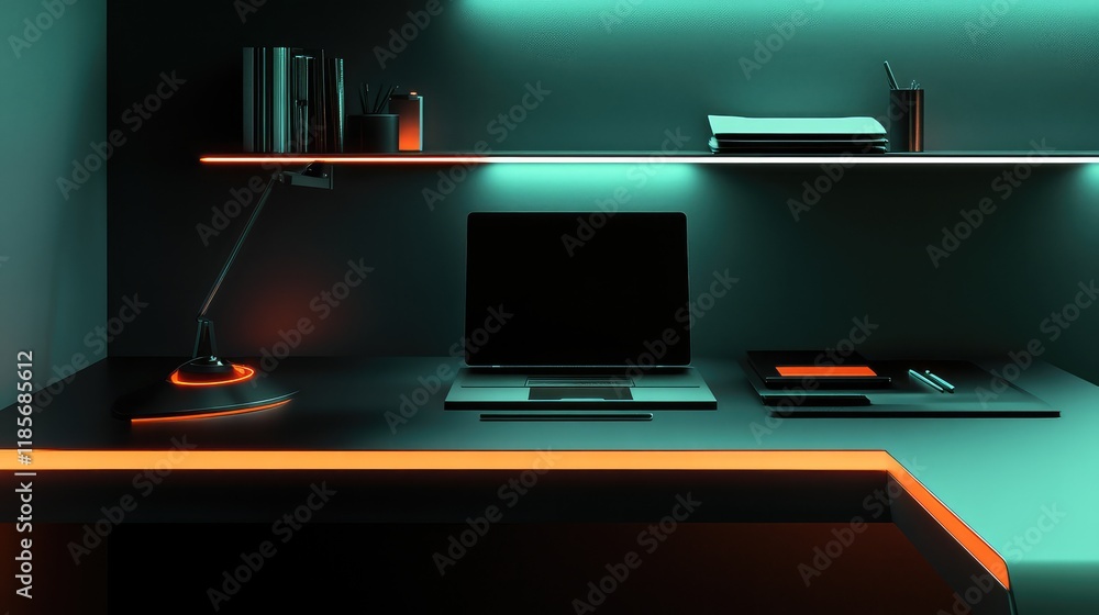 Poster a conceptual image of a futuristic office shelf with glowing touch-enabled smart storage solutions, 