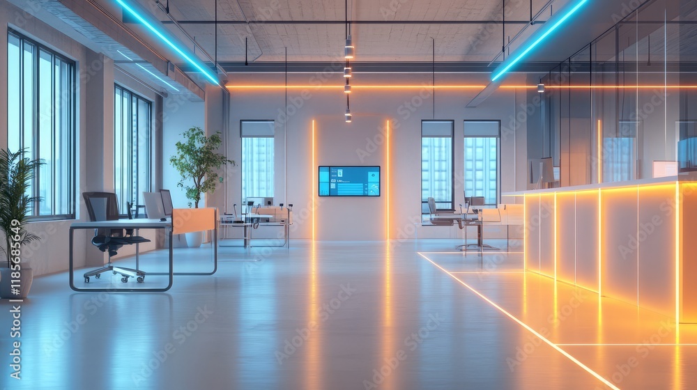 Poster a conceptual image of a futuristic smart workspace glowing with integrated iot devices, placed in a 