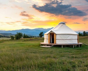 travel getaway local Concept. A yurt in a scenic landscape during sunset with mountains in the background.