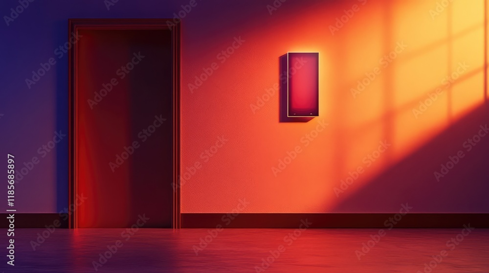 Poster a conceptual image of a smart office climate control panel glowing on a wall, displayed in a minimal