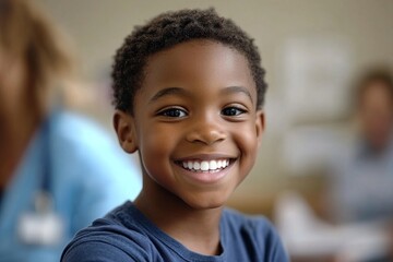 Naklejka premium Smiling black boy receiving vaccine at pediatrician's office. Generative AI