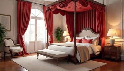 A 3D-rendered stock photo of a luxurious bedroom with a canopy bed and velvet curtains.