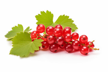 Juicy red currants cluster with healthy green leaves, highlighting their freshness. This arrangement perfect for culinary uses or as decorative element.